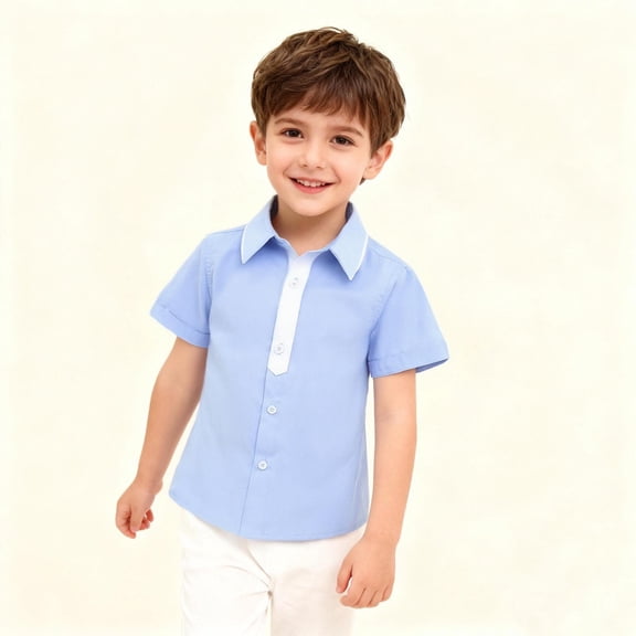 Cethrio Boys' Button Down Shirts, Cotton School Uniform Casual Summer Short Sleeve Shirts Blue Size 8