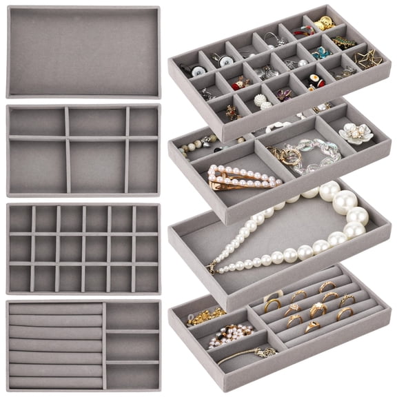8 PCS Jewelry Drawer Organizers, Versatile Velvet Jewelry Trays for Drawer, Multiple Compartment Layouts, Detachable Divider, Stackable Trays for Rings, Earrings, Bracelets, Necklaces