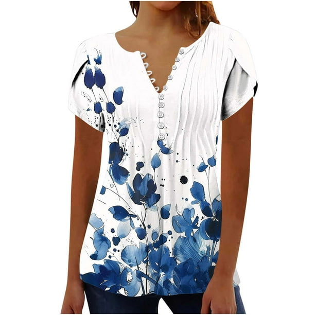 V Cuello Manga Corta Tops para Mujeres Moda Verano Plegado Sexy Impreso Botón Regular, Poliéster