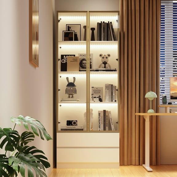 Oxylife Glass Door Cabinet with Lights and 4 Storage Shelves, Tall Modern Display Storage Organizer with 2 Drawers and 2 Doors, Wooden Bookcase Bookshelf for Living Room, Home Office, White