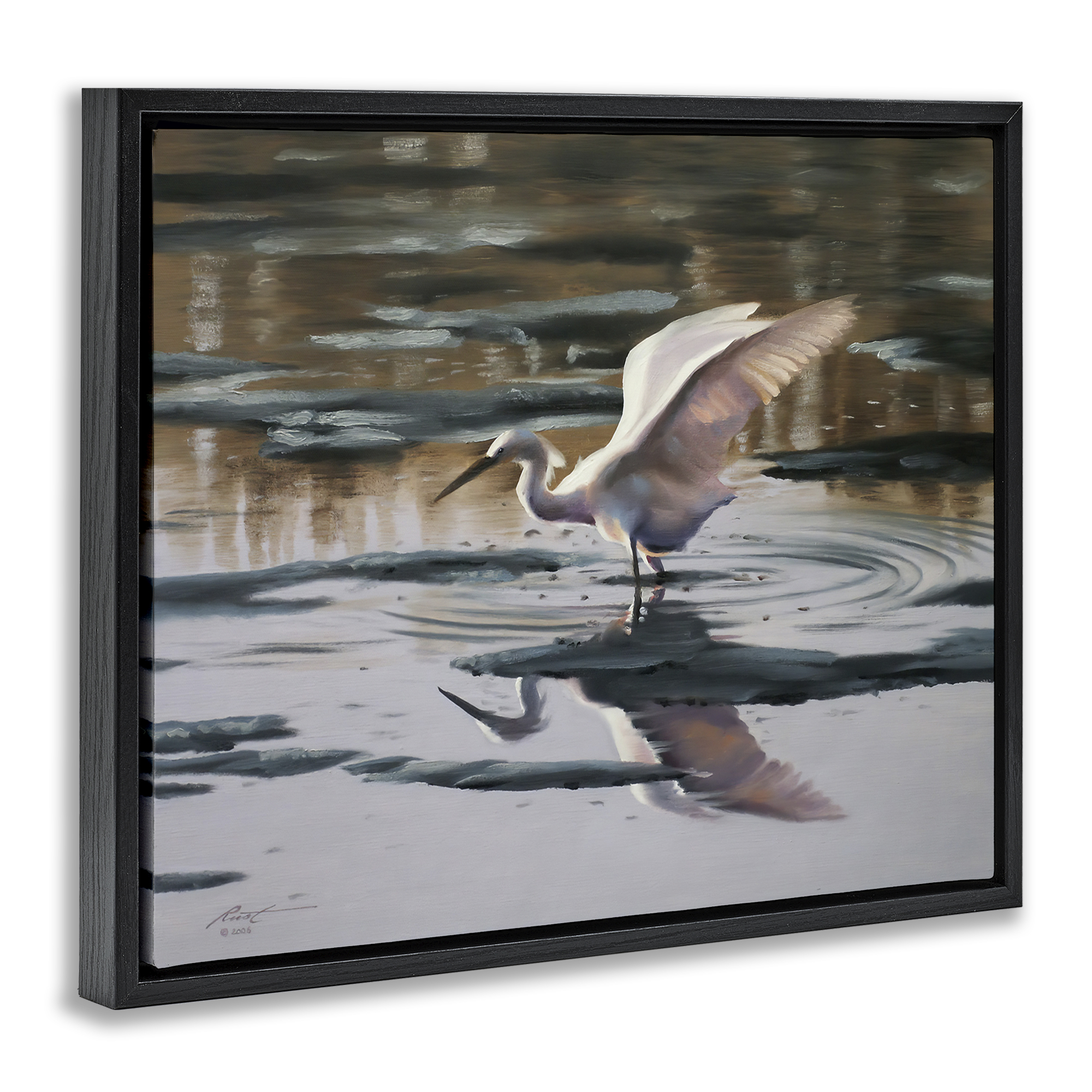 Stupell Industries Swan Landing in Water Animals & Insects Painting Black Floater Framed Canvas Art Print Wall Art, 21 x 17