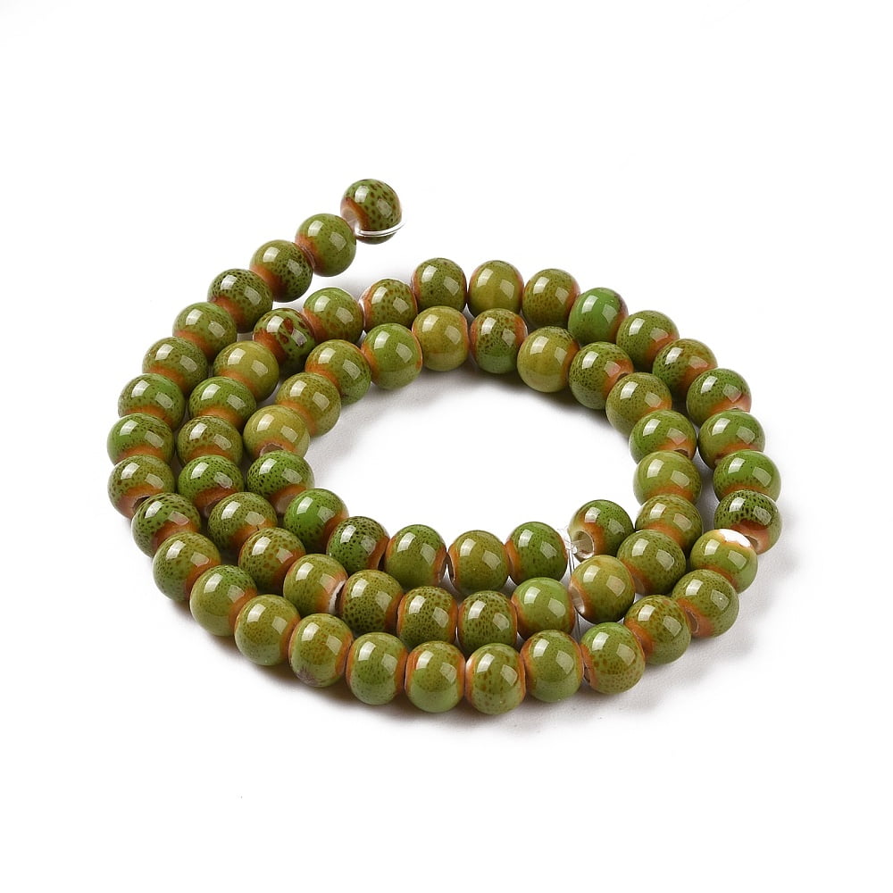 Handmade Fancy Glazed Porcelain Ceramic Round Beads Strands Yellow Green 12~13mm Hole: 2mm 30pcs/strand 12~13 inch