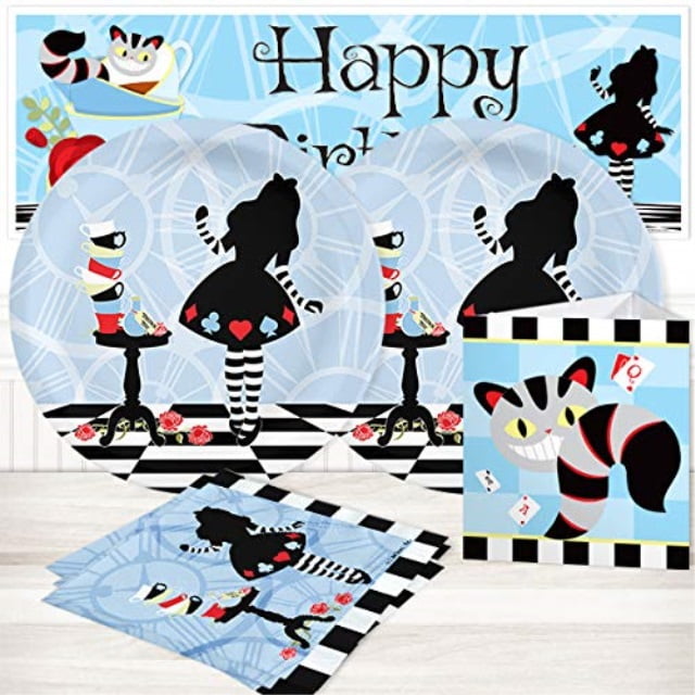birthday direct alice in wonderland value party kit for up to 16 guests includes plates, napkins, banners, and decorations - 37 pieces - cheshire cat, cards, tea party supplies for girls, sleepover - Walmart.com