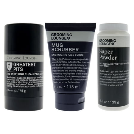 Grooming Lounge Greatest Pits Deodorant With Mug Scrubber Face Scrub and Super Powder Talcum 3 Pc Kit - 2.54oz Deodorant Stick, 4oz Scrub, 4.8oz Powder
