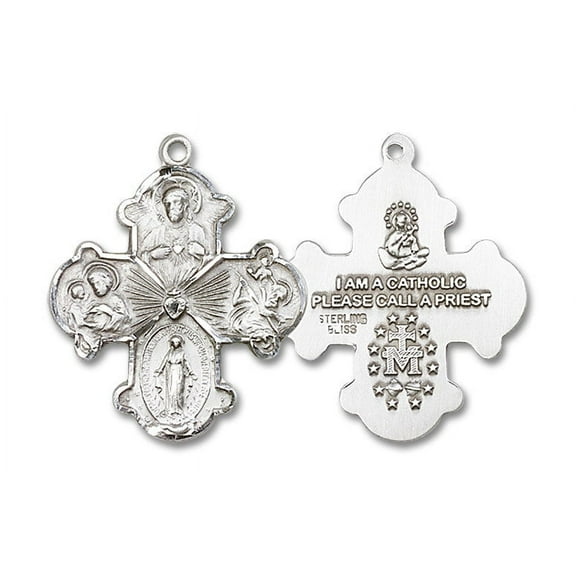 Extel Large Sterling Silver Traditional Catholic 4-Way Cross Cruciform Medal with Miraculous Medal, St. Joseph, St. Christopher and Sacred Heart, Made in USA