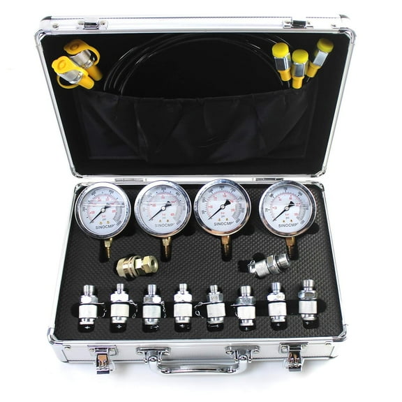 SINOCMP Hydraulic Test Gauge Kit 100/250/400/600 Bar 4 Gauges 3 Test Hoses 10 Couplings 1 Aluminum Case, Hydraulic Pressure Test Kit for Excavator Construction Machinery