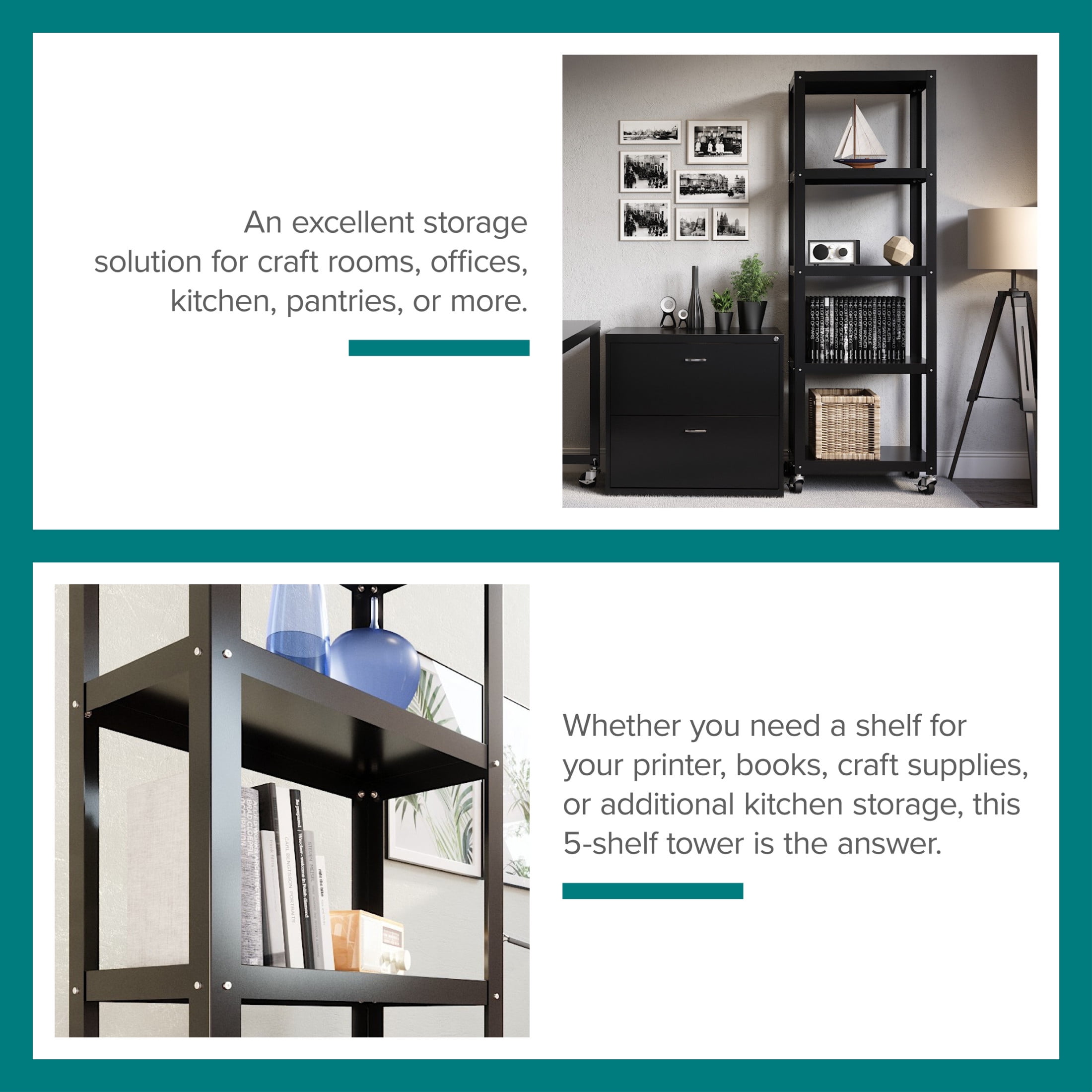 Office Dimensions 72" High Rolling 5 Shelf Bookcase, Industrial Metal, Black