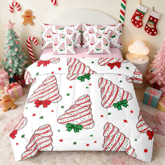 Manfei Christmas Tree Twin Bedding 7pcs Holiday Bedding Comforter Set, Pink White, Pink Reversible