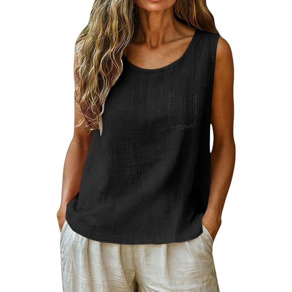 YAZHPA Linen Tops for Women, Women Cotton Linen Tank Tops Causal Sleeveless Summer Shirts Crew Neck Camisole, Black S