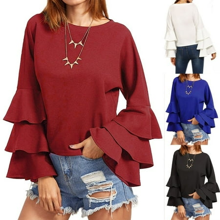 New Fashion Women Flared Bell Sleeve Casual Solid Ladies Tops Blouse Shirt Tops Plus