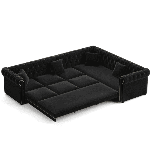 115.3" L-Shaped Velvet Sofa Bed, Button Tufted Pull-Out Sleeper, Gold Trim Rolled Arms, Black