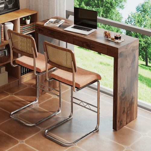 Hi loPres 3-Piece Modern Bar Table Set, 50" Console Table with 2 Drawers & 2 Rattan Bar Stools with Brown Velvet Seat, 25" Counter Height, Walnut Color