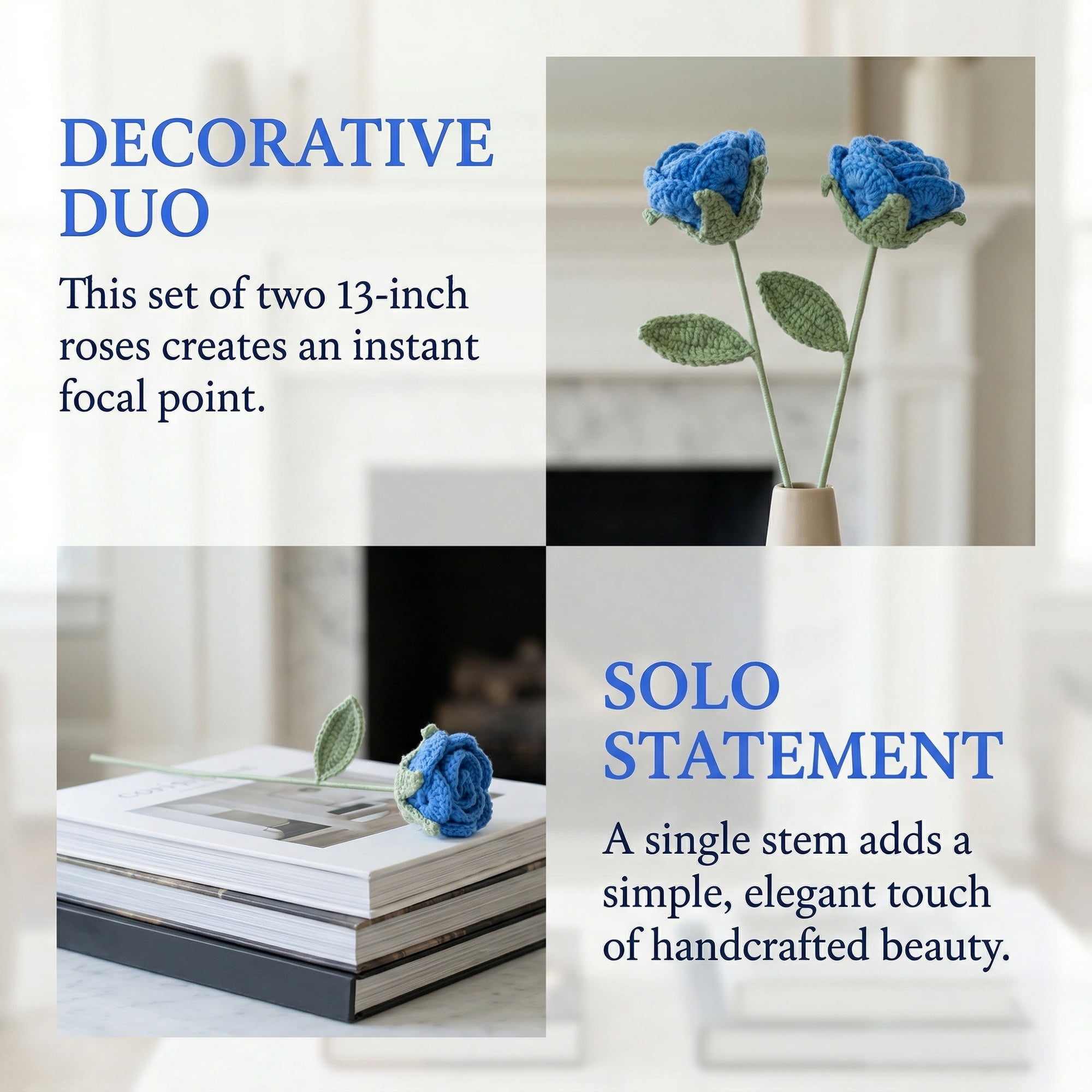 Unique Bargains 4Pcs Handmade Crochet Long Stem Realistic Fake Roses Dark Blue Pink 13in