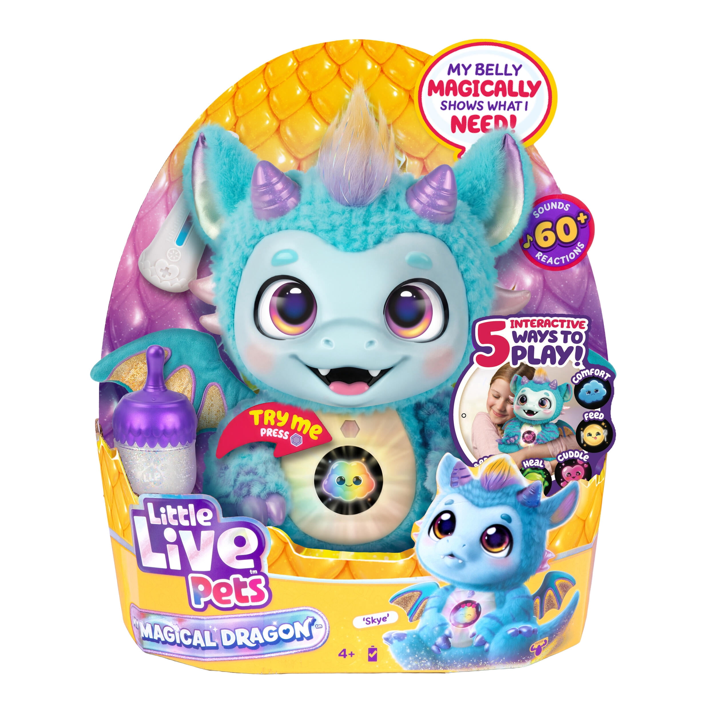 Little Live Pets My Magical Dragon Skye, Interactive Plush with 60+ Sounds & Reactions, 11.1” Tall, Magical Digital Belly Screen, Ages 4+
