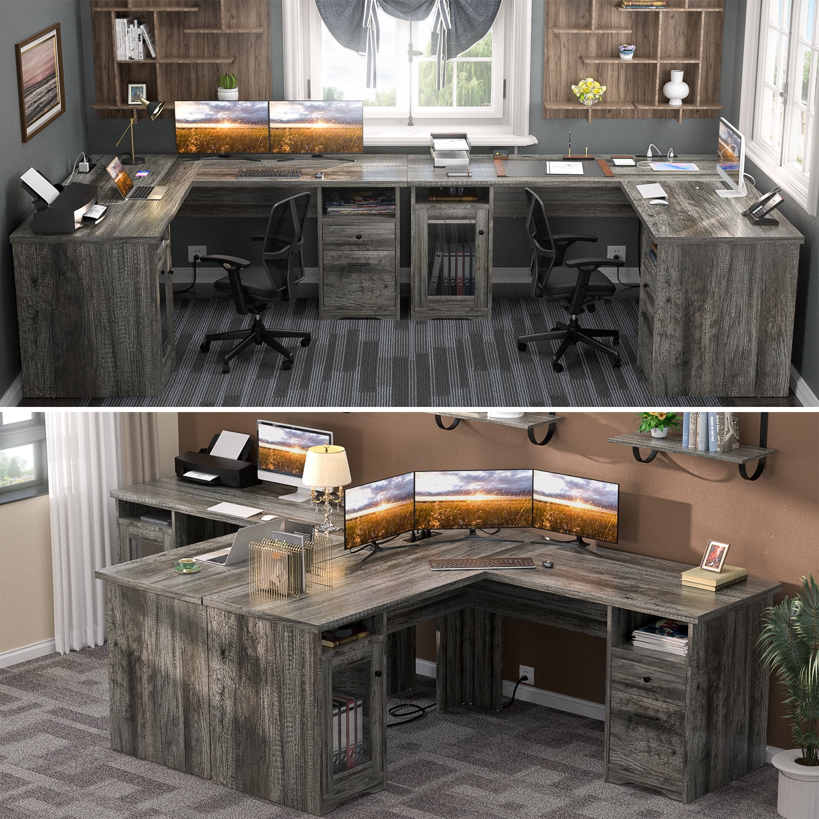 Homieasy L Shaped Desk with Power Outlet and USB Ports, 60 Inch Corner Computer Desk with Drawers and Storage Shelves, Large 2 Person Study Table L-Shaped Office Desk with File Cabinets, Black Oak