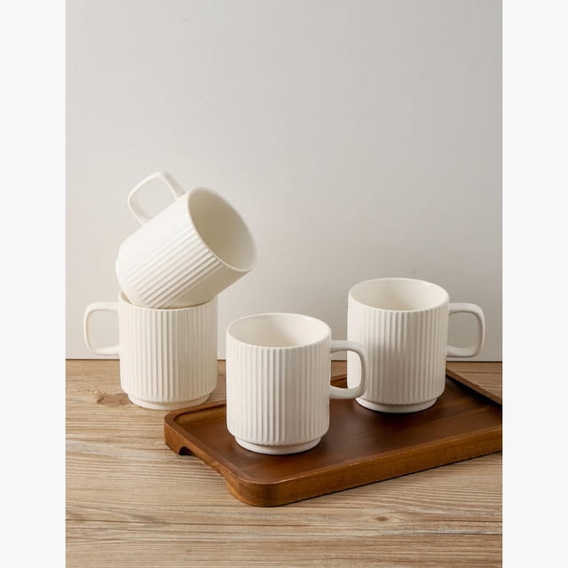 Juego de 4 tazas de café de cerámica, tazas de té y café acanaladas con asa, taza grande de porcelana para Americano, latte, capuchino, chocolate caliente, blanco