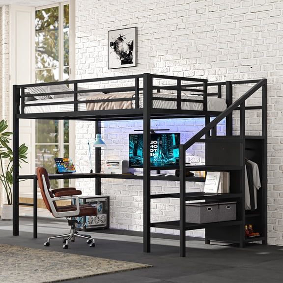 Bellemave Full Size Metal Loft Bed with Desk, Storage Stairs, Wardrobe, LED Lights, USB Ports and Shelf, Black
