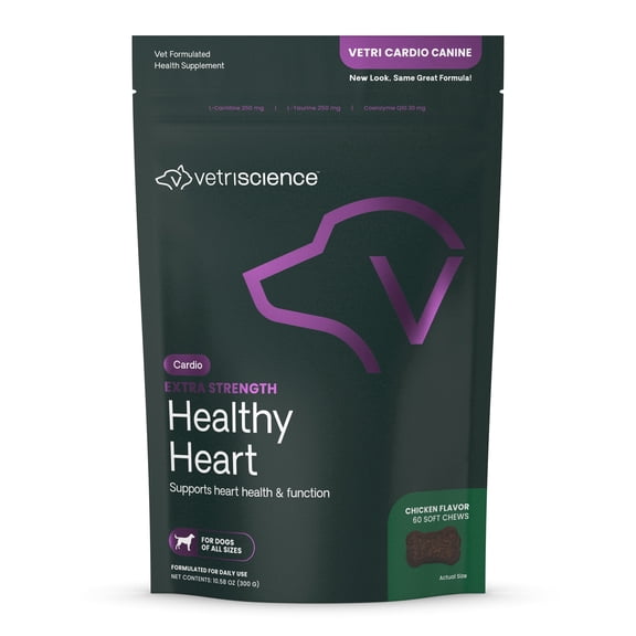 VetriScience Vetri Cardio Extra Strength Healthy Heart Chicken Flavored Chews, Taurine Supplement for Dogs, 60 Count
