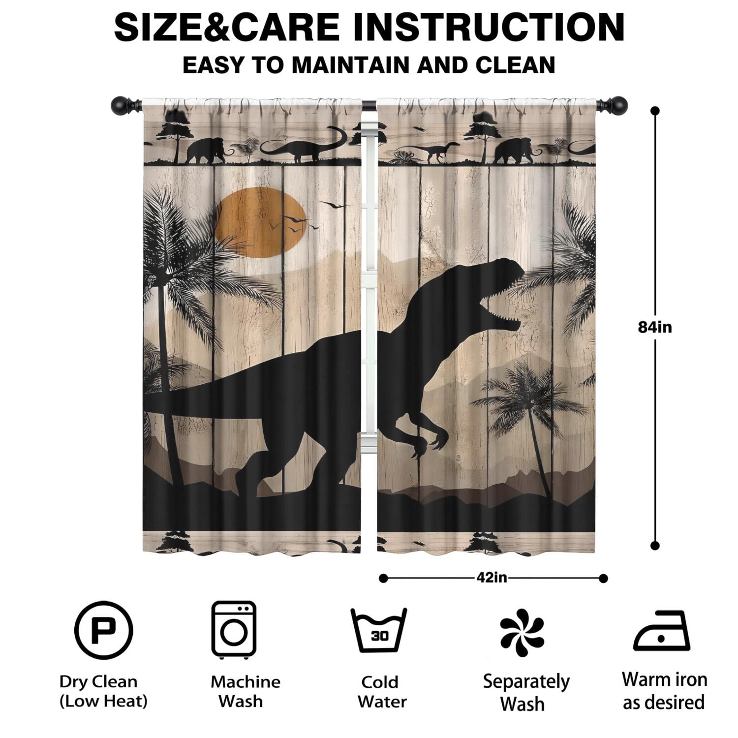 Dinosaur Curtains for Boys Room, Kids Boys Dino Wood Board Rustic Woodland Safari Animals Window Drapes for Baby Kids Room Bedroom Living Room Nursery, Fabric 2 Panels, 42 x 84 Inch