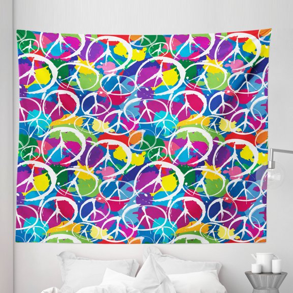 Hippie Tapestry, Universal Peace Sign on Colorful Pop Art Style Background Pacifist Activism, Fabric Wall Hanging Decor for Bedroom Living Room Dorm, 5 Sizes, Multicolor, by Ambesonne