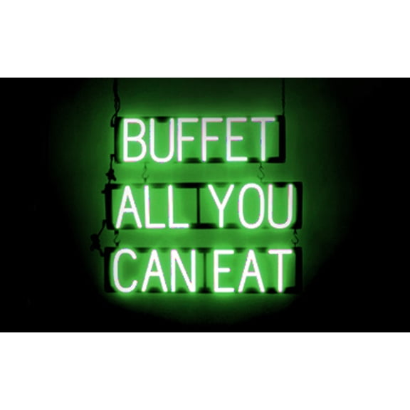 SpellBrite BUFFET ALL YOU CAN EAT LED Sign for Business. 26.8" x 23.8" Green BUFFET ALL YOU CAN EAT Sign Has Neon Sign Look, Energy Efficient LED Light Source. Visible from 500+ Feet, 8 Animations.