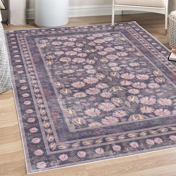 Folk Art Decorative Rug, Bohemian Themed Peachy Ethnic Flowers and Traditional Botanical Details, Quality Carpet for Bedroom Dorm and Living Room, 6 Sizes, Dark Indigo and Lilac, by Ambesonne