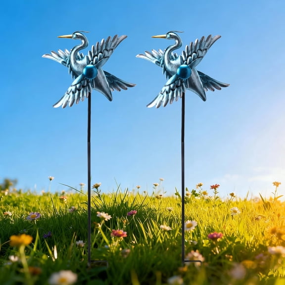 2 Pack Heron Wind Spinner Garden Stake Metal Windmill with Blue Patina Finish, Kinetic Outdoor Decor for Lawns & Flower Beds, Bird Sculpture Wind Catcher