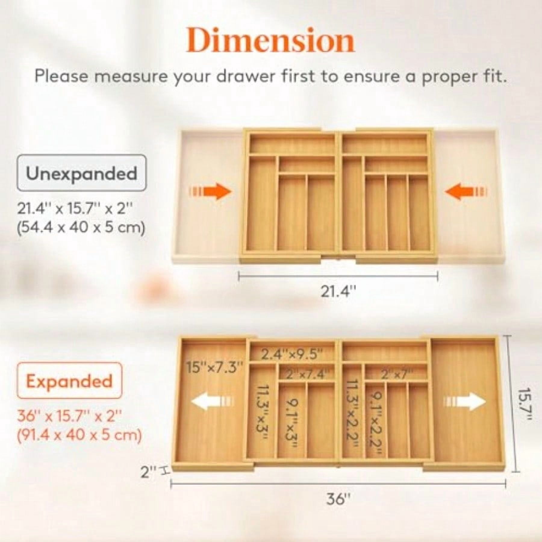 Large Sierware Drawer Organizer Expandable 21.4 to 36 Inches Wide Bamboo Utensil Tray for Kitchen Adjustable Flatware and Cutlery Holder for Spoons Forks Knives 13 Compartments Natural