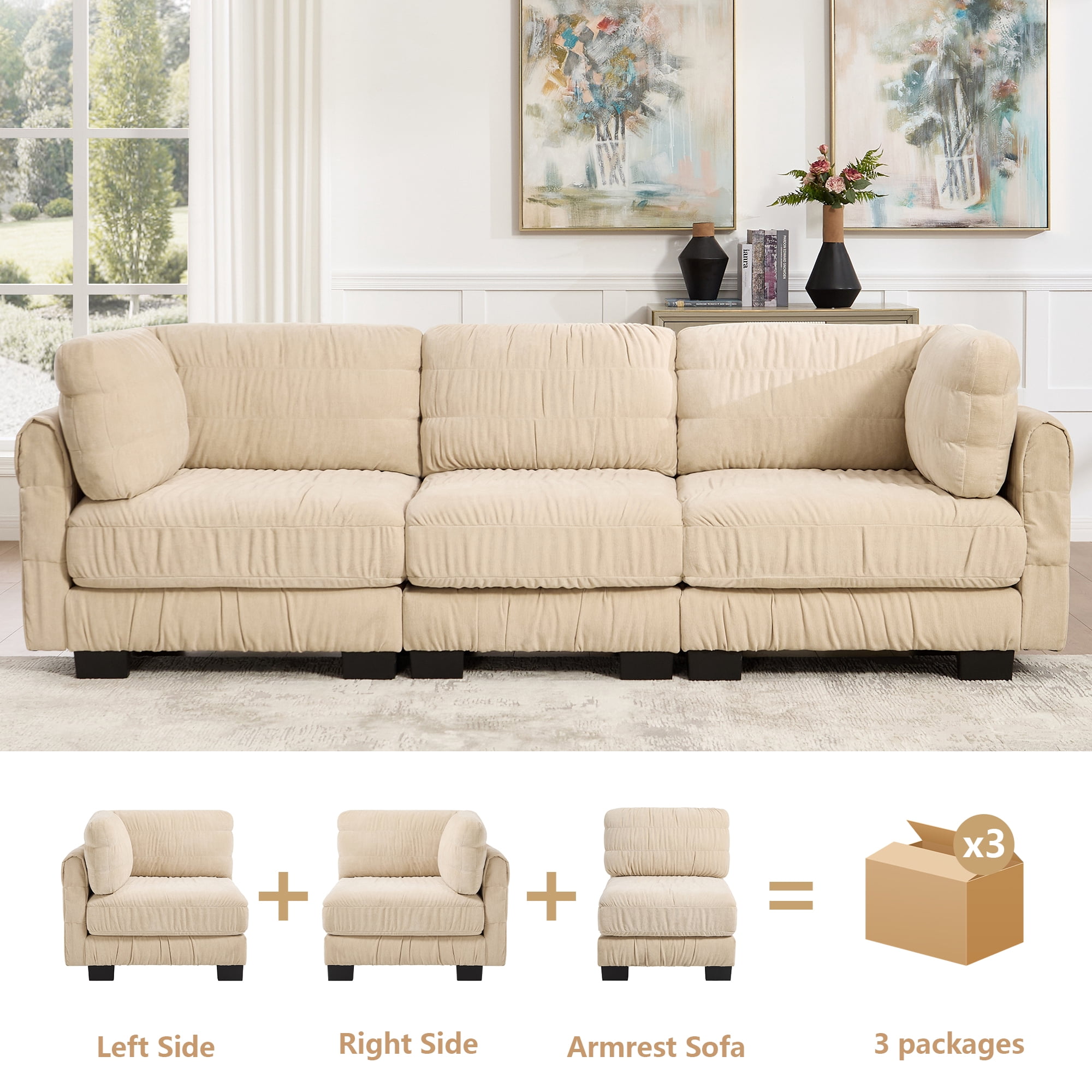109" 3 Seat Ruched Chenille Modular Sectional Sofa with L Shape Thickened Back Cushions,Easy Assembly