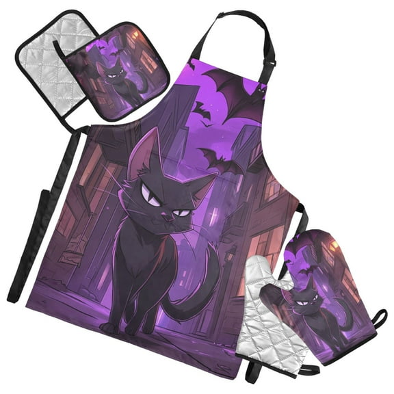 Halloween Mysterious Black Cat Oven Mitts and Pot Holders with Chef Apron Set 5 Pcs Kitchen Cooking Set