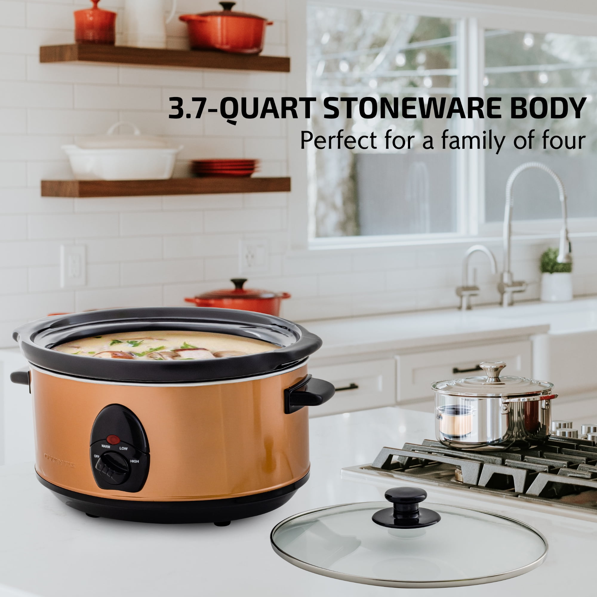 Qvin RNAB0BHL6RMR3 7 quarts oval slow cooker, 3 heating setting,  dishwasher-safe stoneware pot and glass lid, sleek stainless steel design