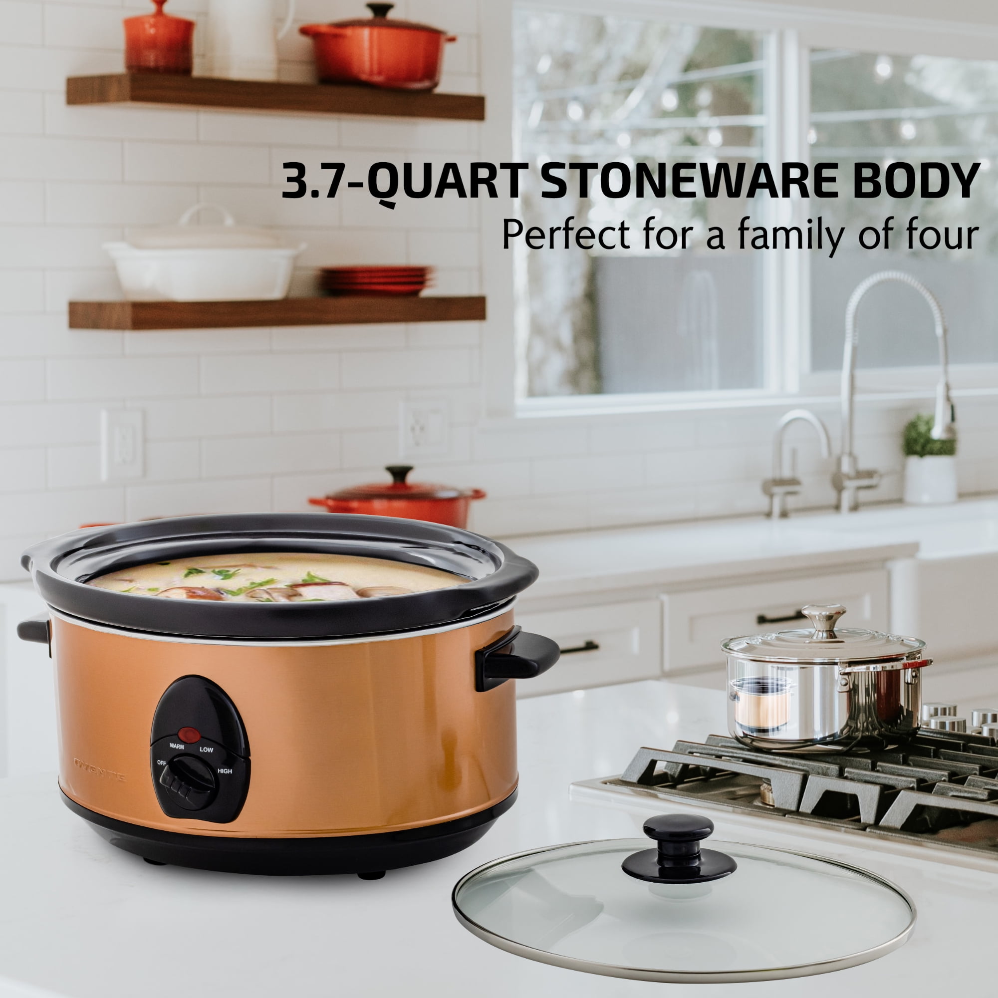 Ovente Electric Slow Cooker 3.7 Quart with 3 Temperature Settings, Dishwasher Safe Removable Ceramic Pot & Tempered Glass Lid, Portable Multicooker Soup Maker and Mulled Wine Warmer, Copper SLO35ACO