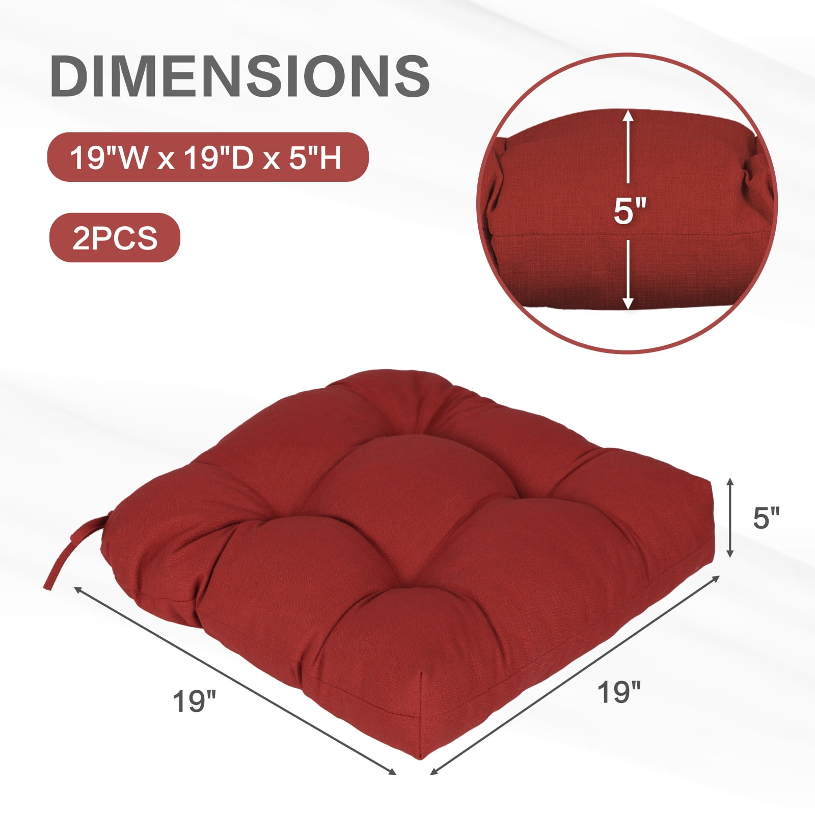 Aoodor 19x19x5 Inch Tufted Outdoor Chair Cushions, Water and Fade Resistant Polyester Dining Chair Pads with Ties for Patio Furniture, Set of 2, Red