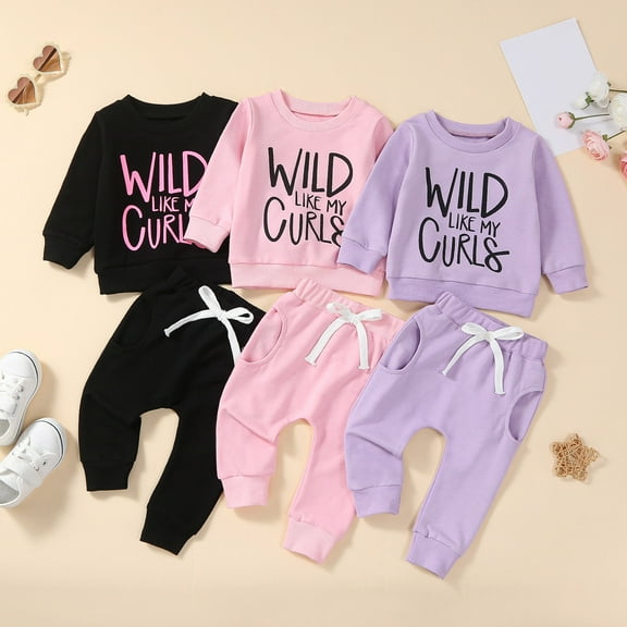 Girl Outfits Toddler Girls Sweatsuit Letter Prints T Shirt Pullover Tops Pants Outfits Toddler Girls Clothes Purple 3 Months-6 Months