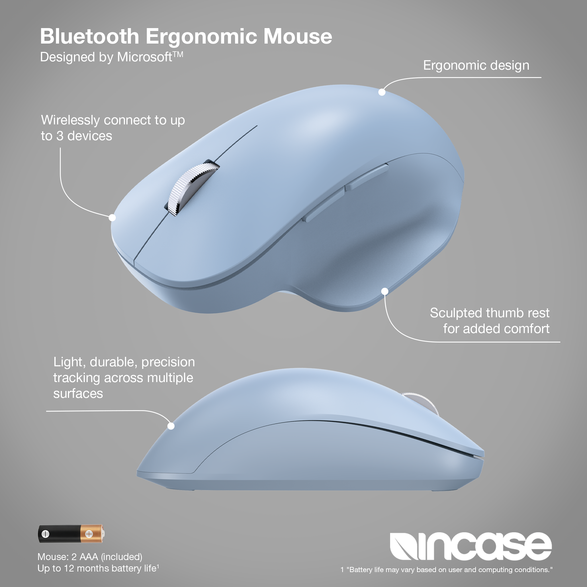 Incase Bluetooth Ergonomic Mouse – Designed by Microsoft – Two Programmable Buttons, Easy to Grip Thumb Rest, Precision Tracking, Connects 3 Devices, 15 Month Battery Life, PCs/Laptops - Pastel Blue