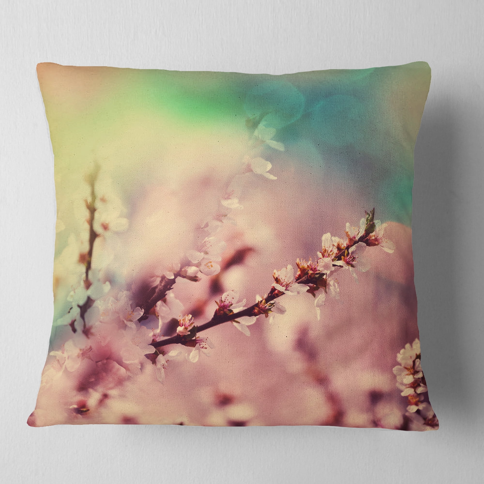 Designart Blossoming Pink Cherry Branches - Floral Throw Pillow - 18x18