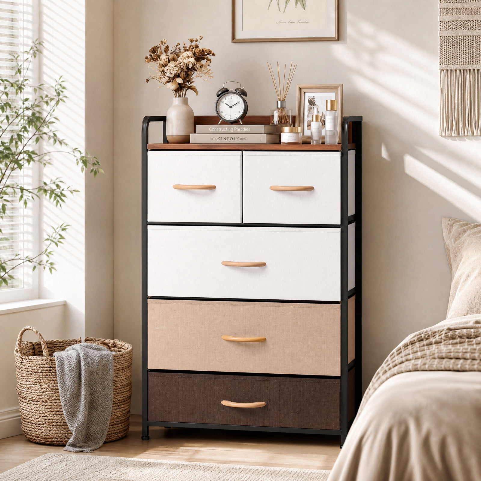 Furnibear 5 Drawer Tall Fabric Dresser Nightstand with Removable Bins and Anti Tip Kit for Bedroom Closet Entryway, Multicolor