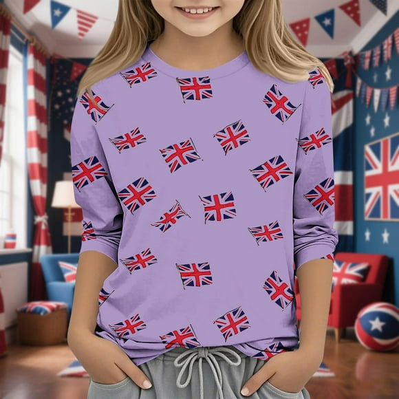 MKOSPLRT Boys Girls British Flag Shirts 3/4 Sleeve Lounge Tshirts Crew Neck Summer Tops Funny Holiday Graphic Tees 3-12 Years