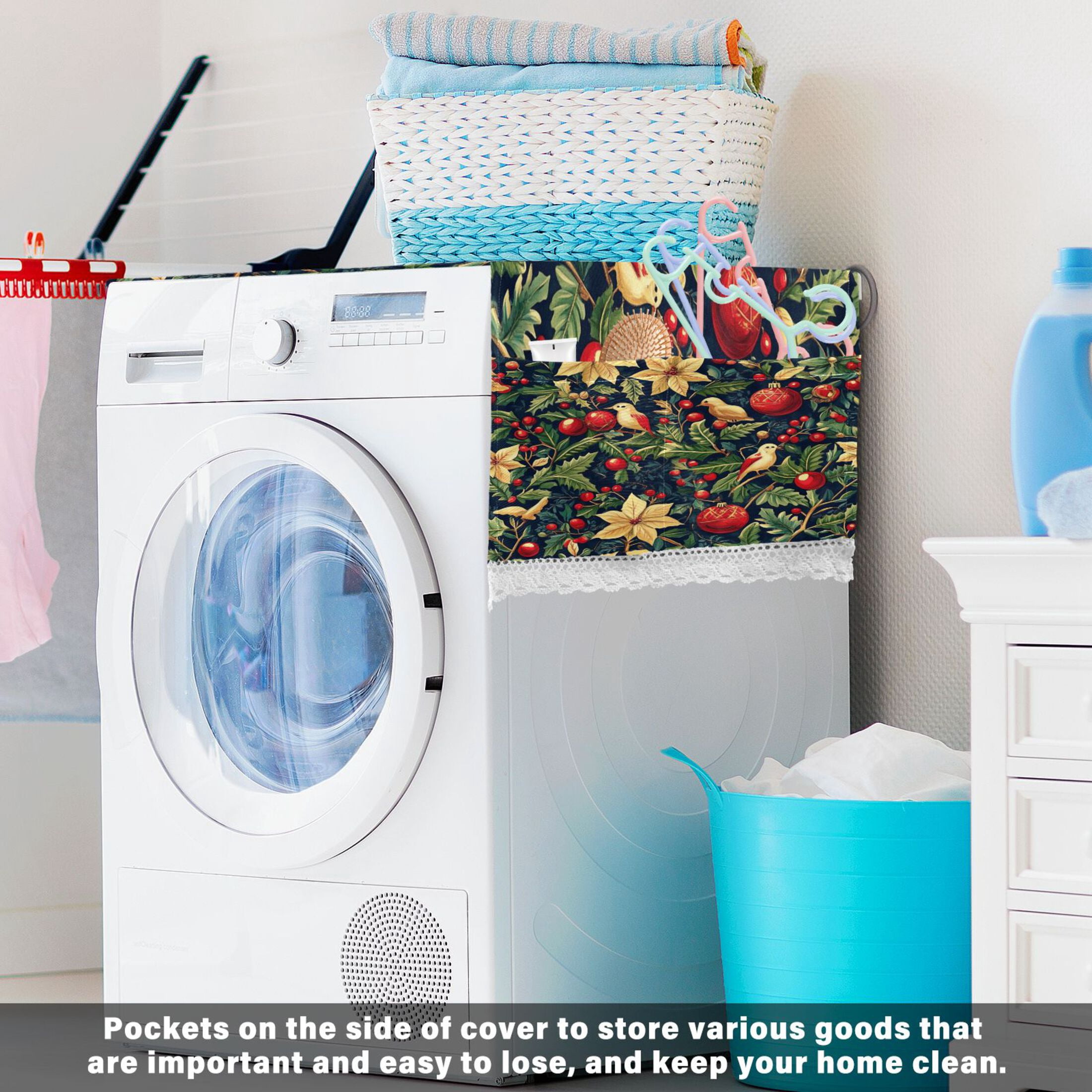 Christmas HolidayWasher and Dryer Covers Dust-Proof and Oil Resistant Fridge Cover with 4 Storage Pockets Washing Machine Top Cover for Laundry Kitchen Home 51.2 x 22 In