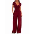 thumbnail image 4 of Womens V Neck Short Sleeve Top Wide Leg Pants Casual Comfortable Outfit Set Two Piece Wine Red [Short Sleeve] XS, 4 of 5