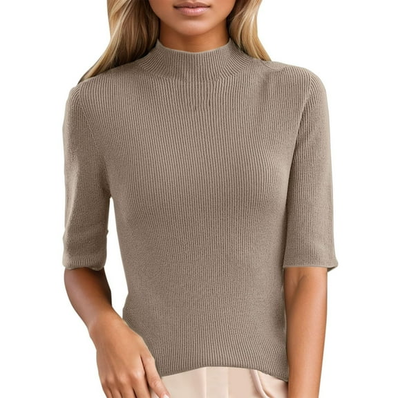 Women's Short Sleeve Mock Neck Sweater Soft Knit Fabric Ribbed Elbow-Length Sleeves Casual Top Camel L