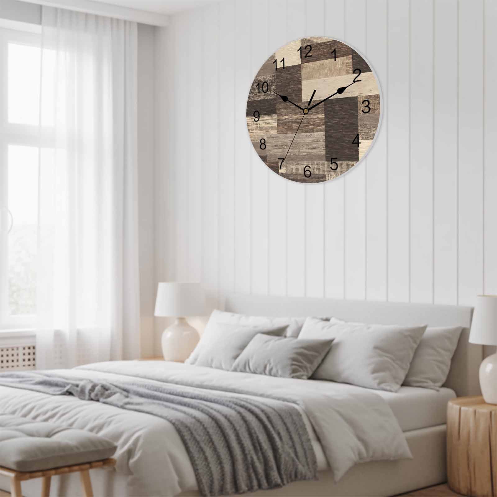 Wall Clock Rustic Brown Wood Plank Clocks PVC Silent Non-Ticking Battery Operated Decorative Farmhouse Collage Block Round Clock for Home Living Room Kitchen Bedroom Office School Wall Decor 14 Inch