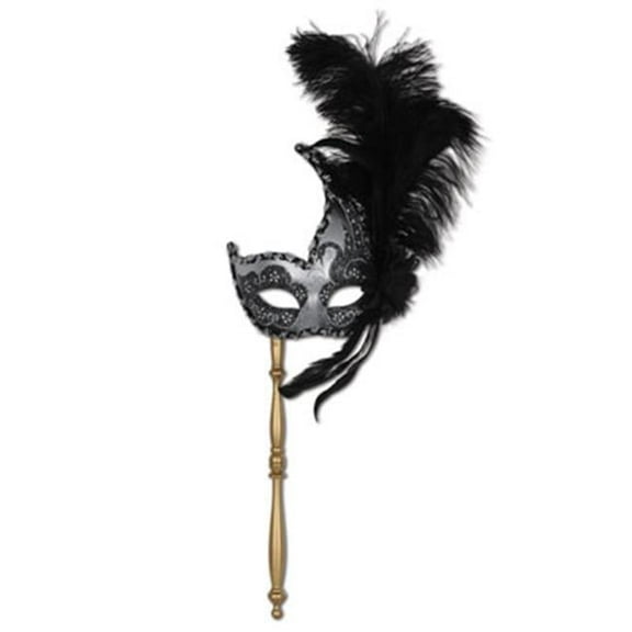 Feathered Mask With Stick, Pack Of 12