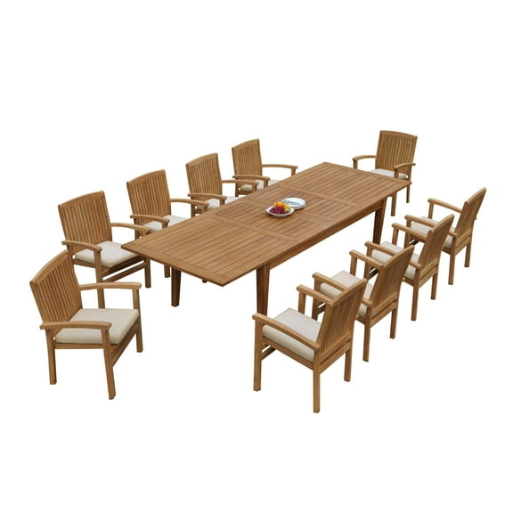 Grade-A Teak Dining Set: 10 Seater 11 Pc: 122" Atnas Rectangle Table And 10 Wave Stacking Arm Chairs Outdoor Patio WholesaleTeak #51WV2811