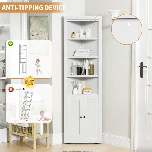 71" Tall Corner Storage Cabinet, 5-Tier Narrow Metal Cabinet with 2 Doors & Adjustable Shelves, Freestanding Space Saving Storage for Bathroom Kitchen Laundry Pantry, White