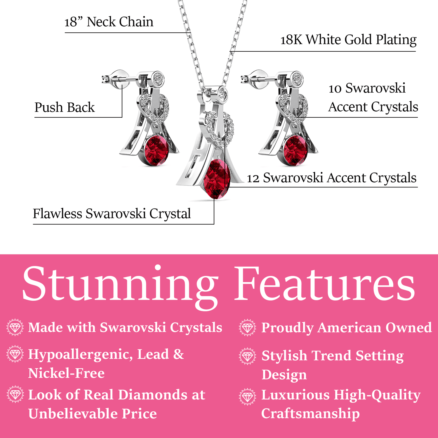 Cate & Chloe Serenity January Birthstone 18k White Gold Plated Women Jewelry Set, Swarovski Crystals
