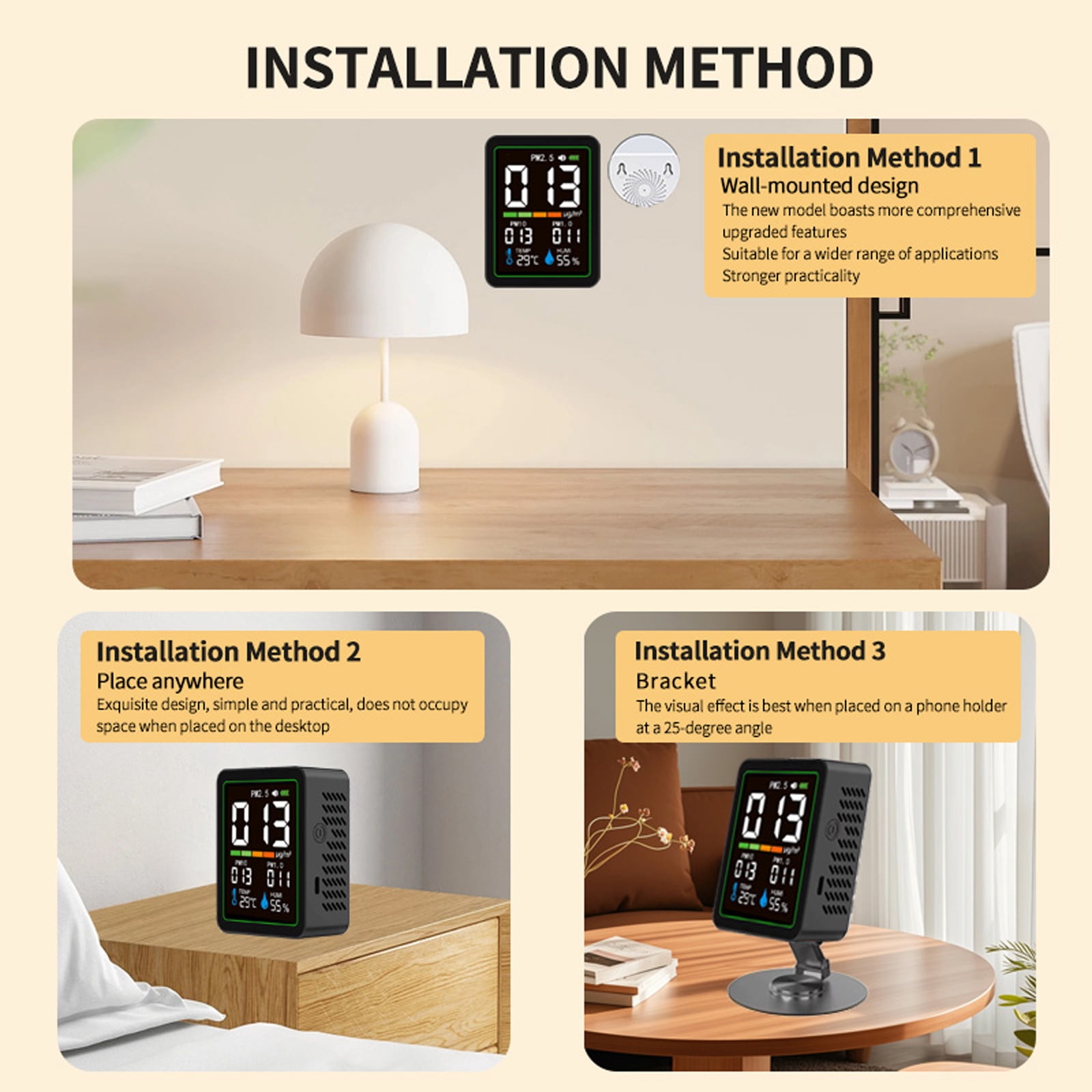 5-in-1 Indoor Air Quality Monitor with LCD Color Screen - Real-Time PM1.0 PM2.5 PM10, Temperature & Humidity Sensor, USB-C Rechargeable, Portable Design