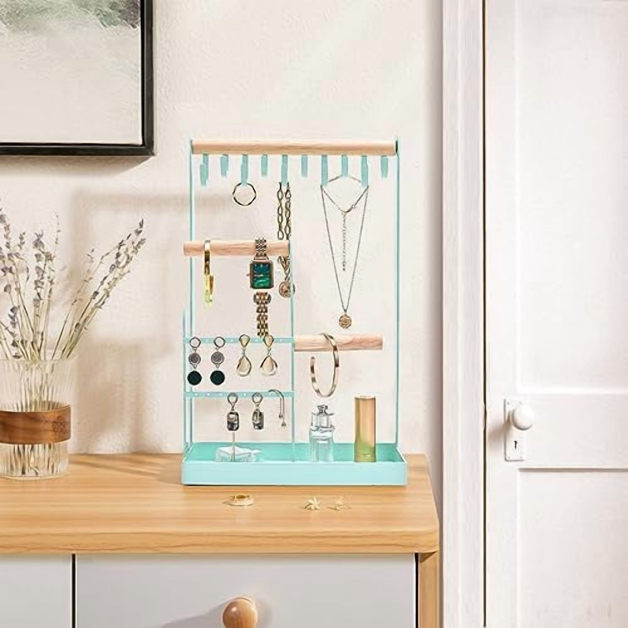 Jewelry Stand Holder Organizer, 4-Tier Necklace Holder with Ring Tray, 10 Hooks Necklaces Hanging Small Jewelry Display Storage Tower Tree for Bracelets Earrings Watches -Medium, Aqua