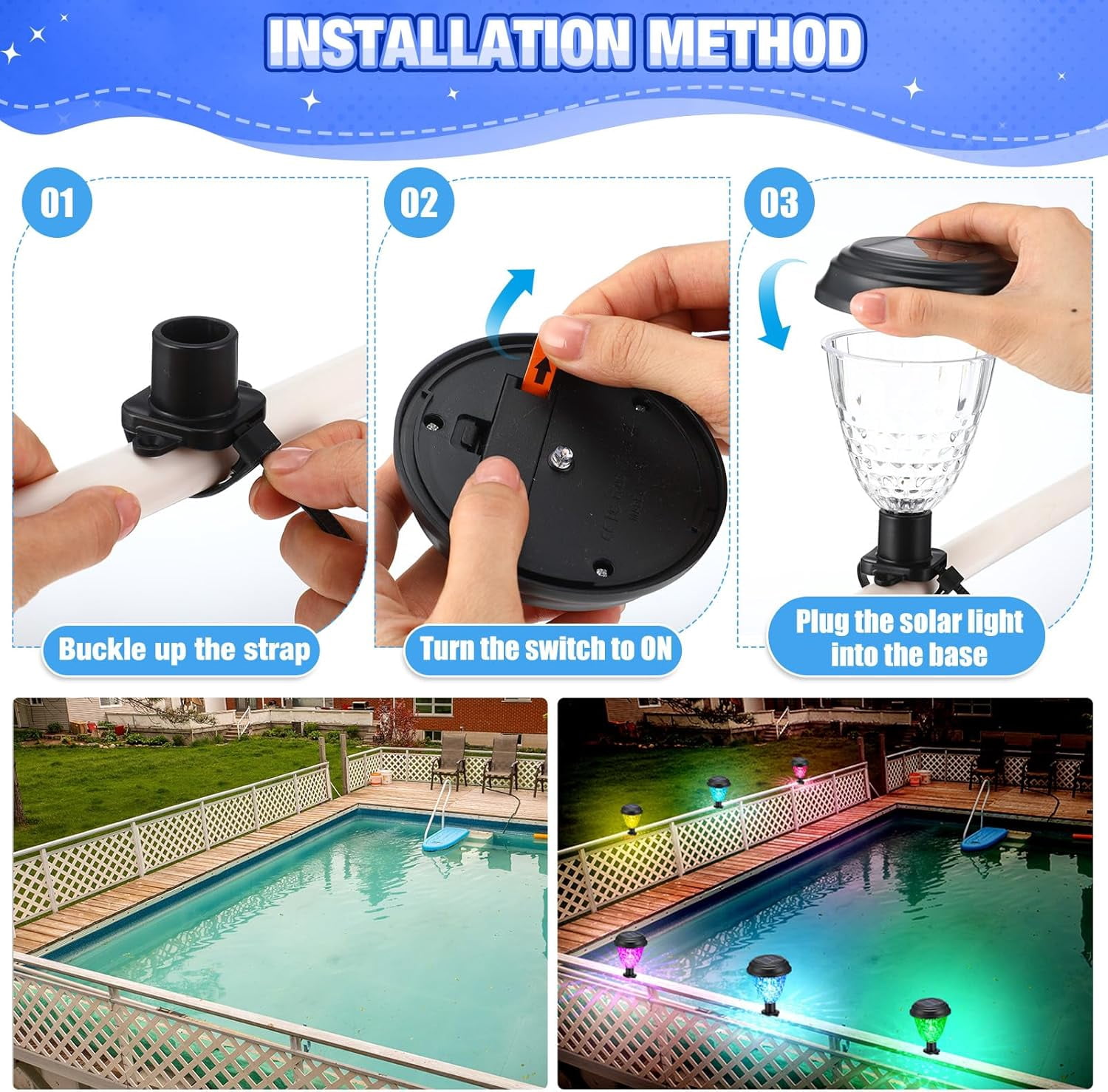 8 Solar Pool Lights for Above Ground Framed Pools, Waterproof Solar Light, Outdoor Pool Fence Decoration, Pool Accessories, Colorful Light