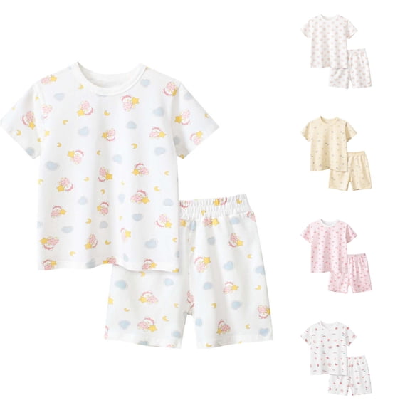 HAYIMI Kids Summer Children Girls' Home Wear With Cartoon Prints O-Neck Short Sleeved T Shirt Pajama Set With Shorts Homewear, 4-5 Years